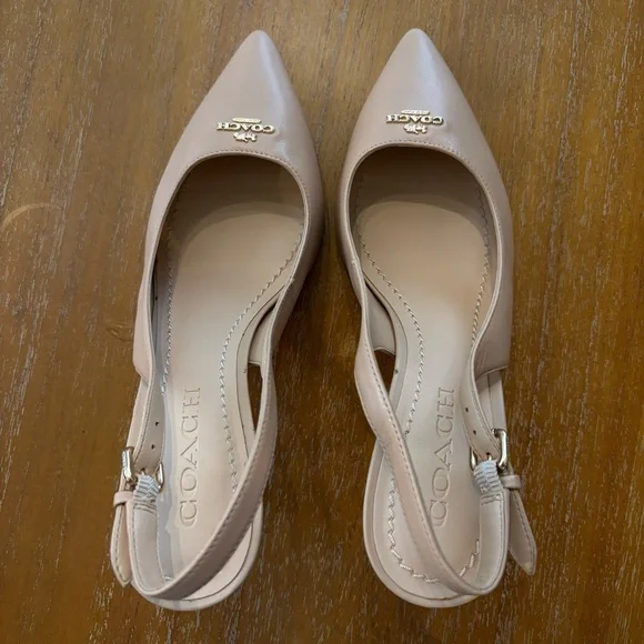Coach ALLIE Beige Nude Leather Slingback Pump Stiletto Logo On Toe Luxury - Picture 6 of 14
